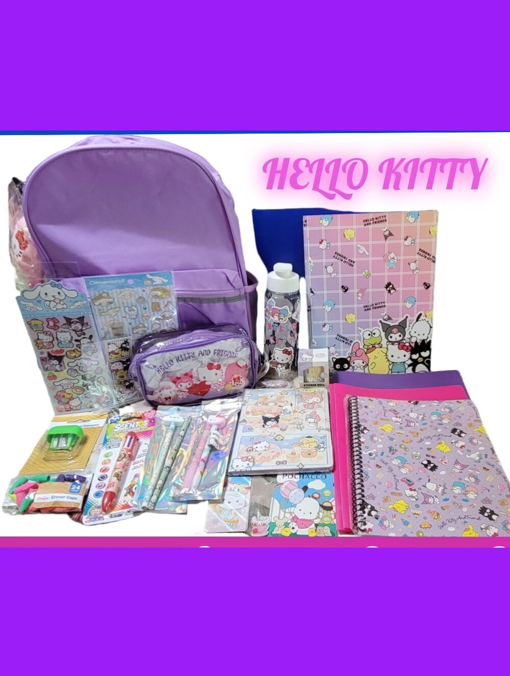Hello Kitty Lavender Kids Backpack and Stationery Bundle